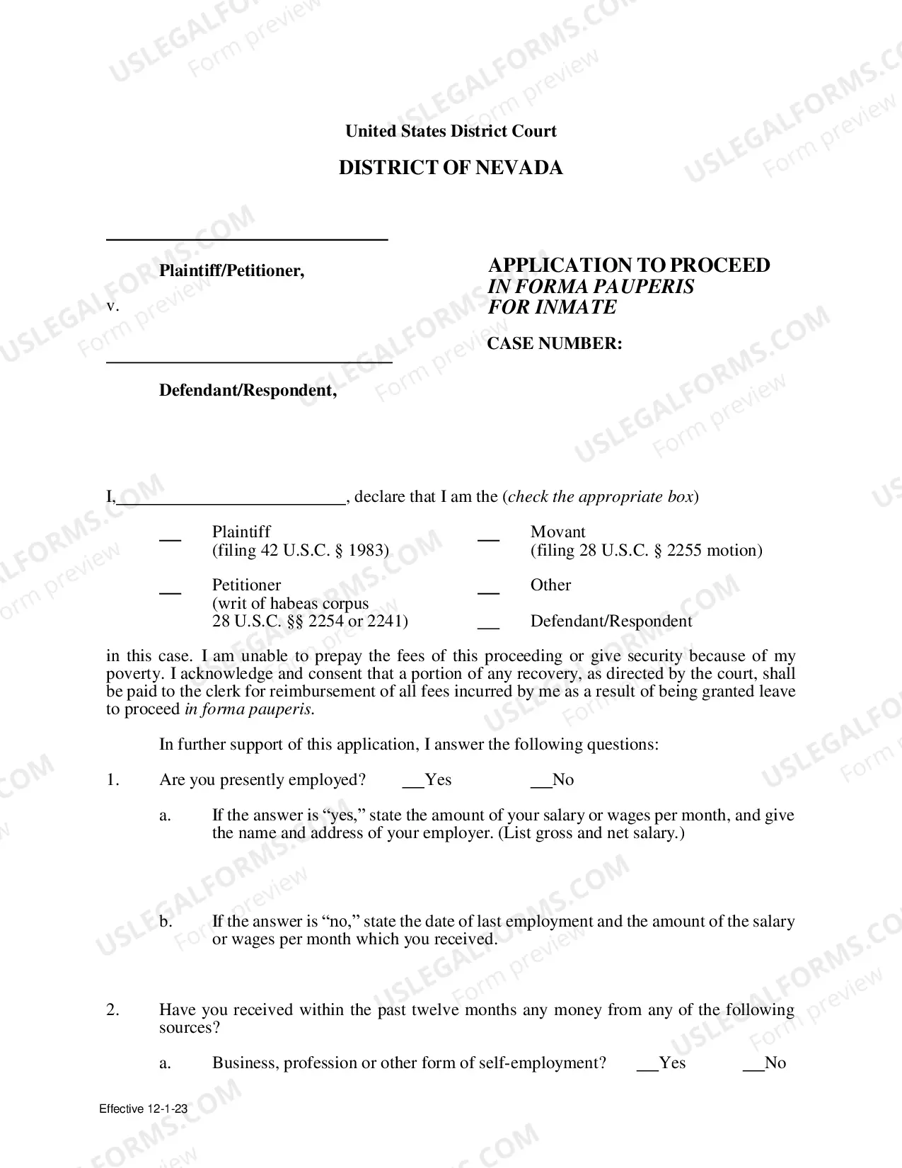 Preview Application To Proceed In Forms Pauperis By A Prisoner (Habeas)