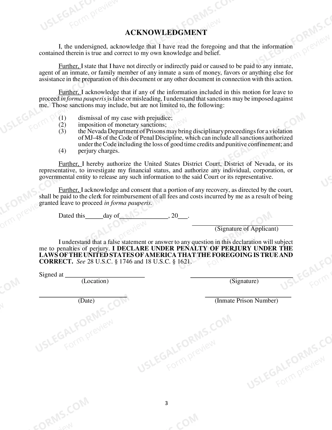 Preview Application To Proceed In Forms Pauperis By A Prisoner (Habeas)