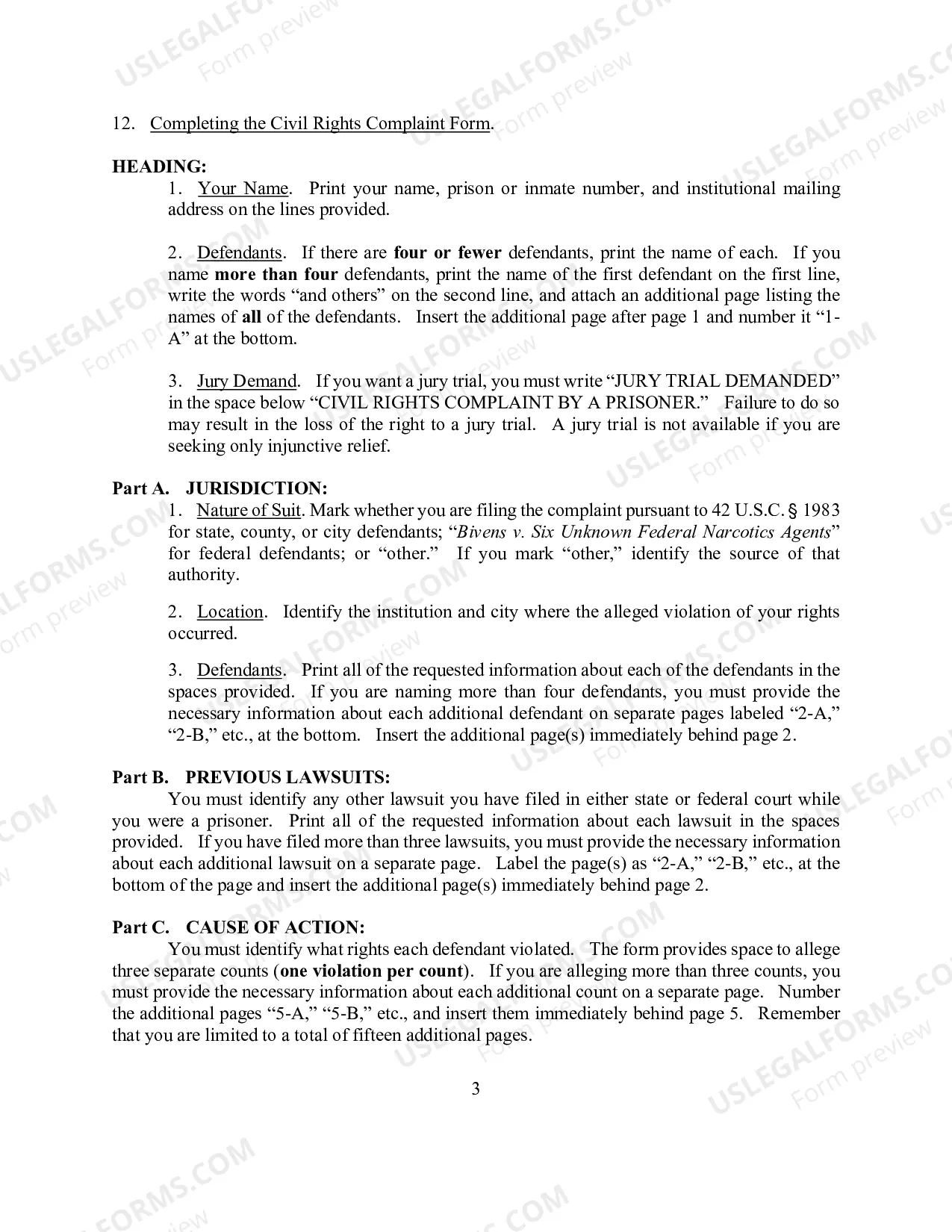 Preview Civil Right Complaint By A Prisoner w-Instructions