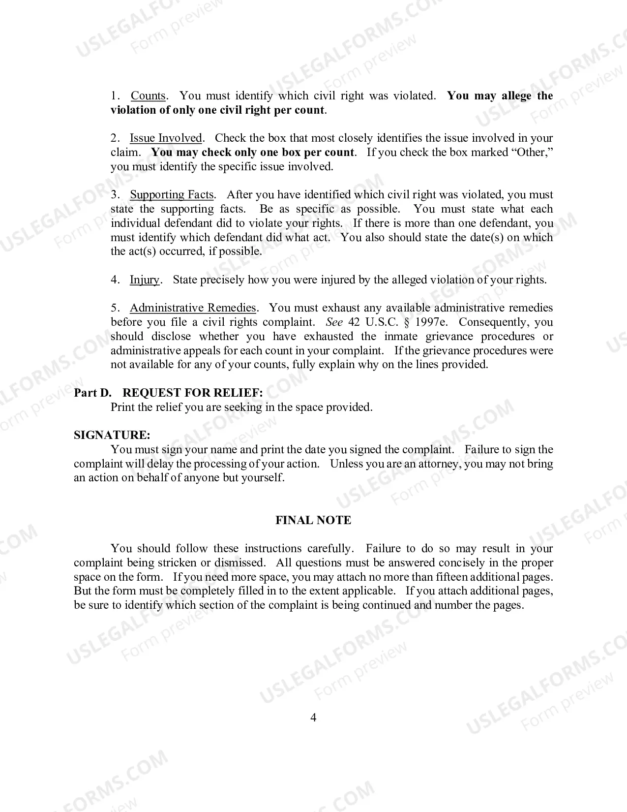 Preview Civil Right Complaint By A Prisoner w-Instructions