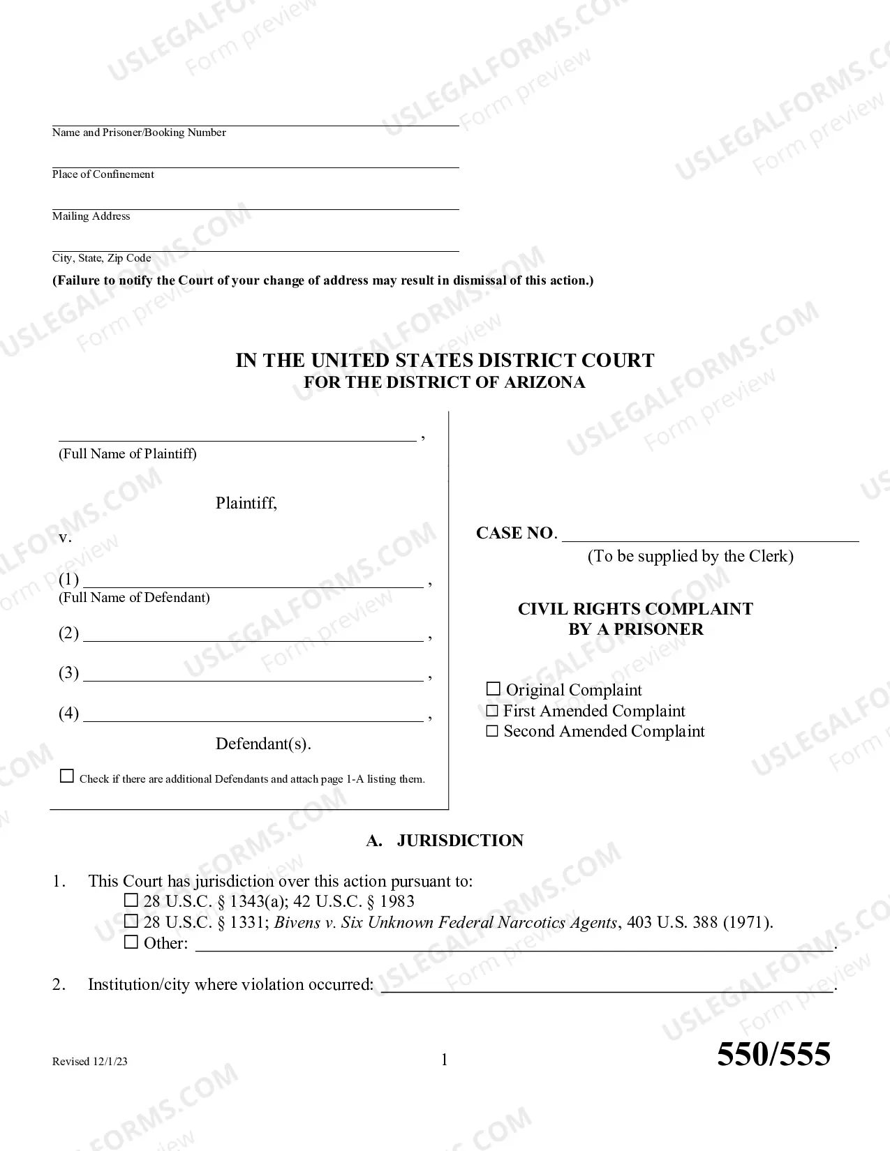Preview Civil Right Complaint By A Prisoner w-Instructions