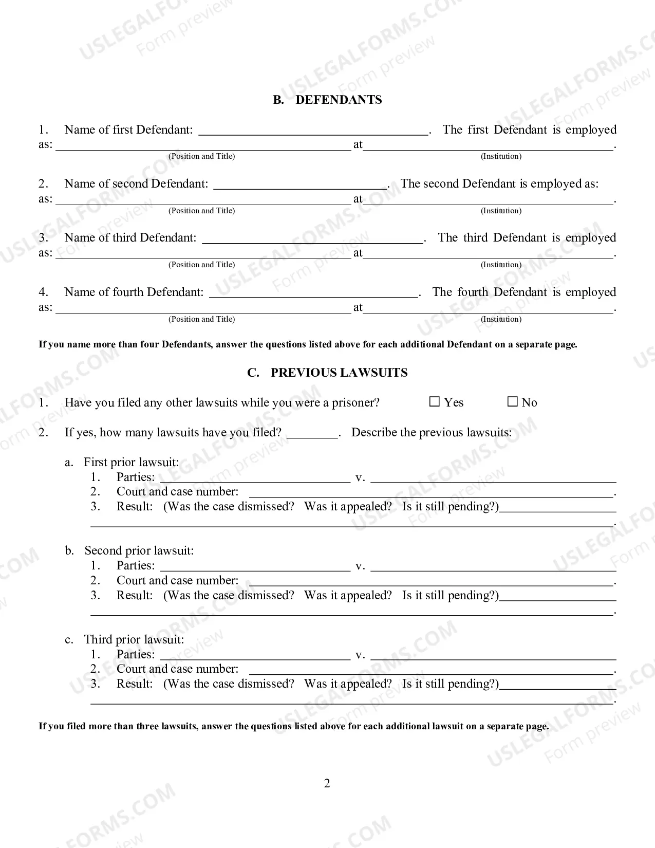 Preview Civil Right Complaint By A Prisoner w-Instructions