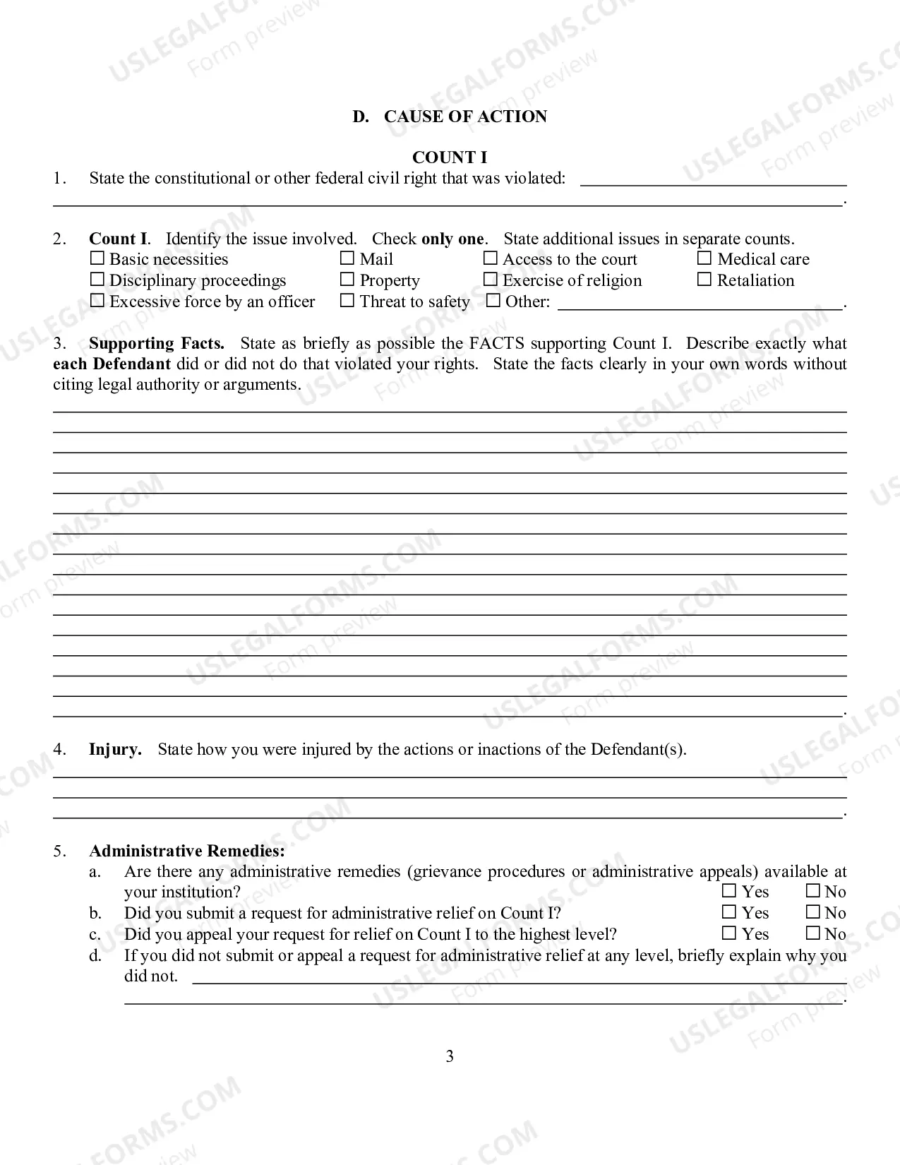Preview Civil Right Complaint By A Prisoner w-Instructions