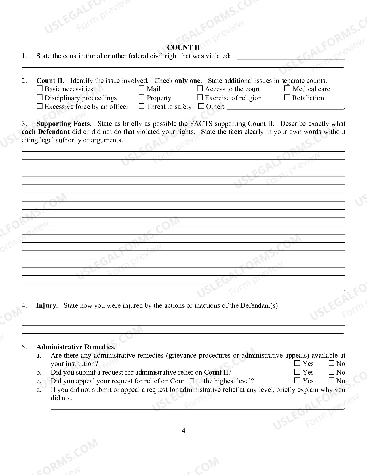Preview Civil Right Complaint By A Prisoner w-Instructions