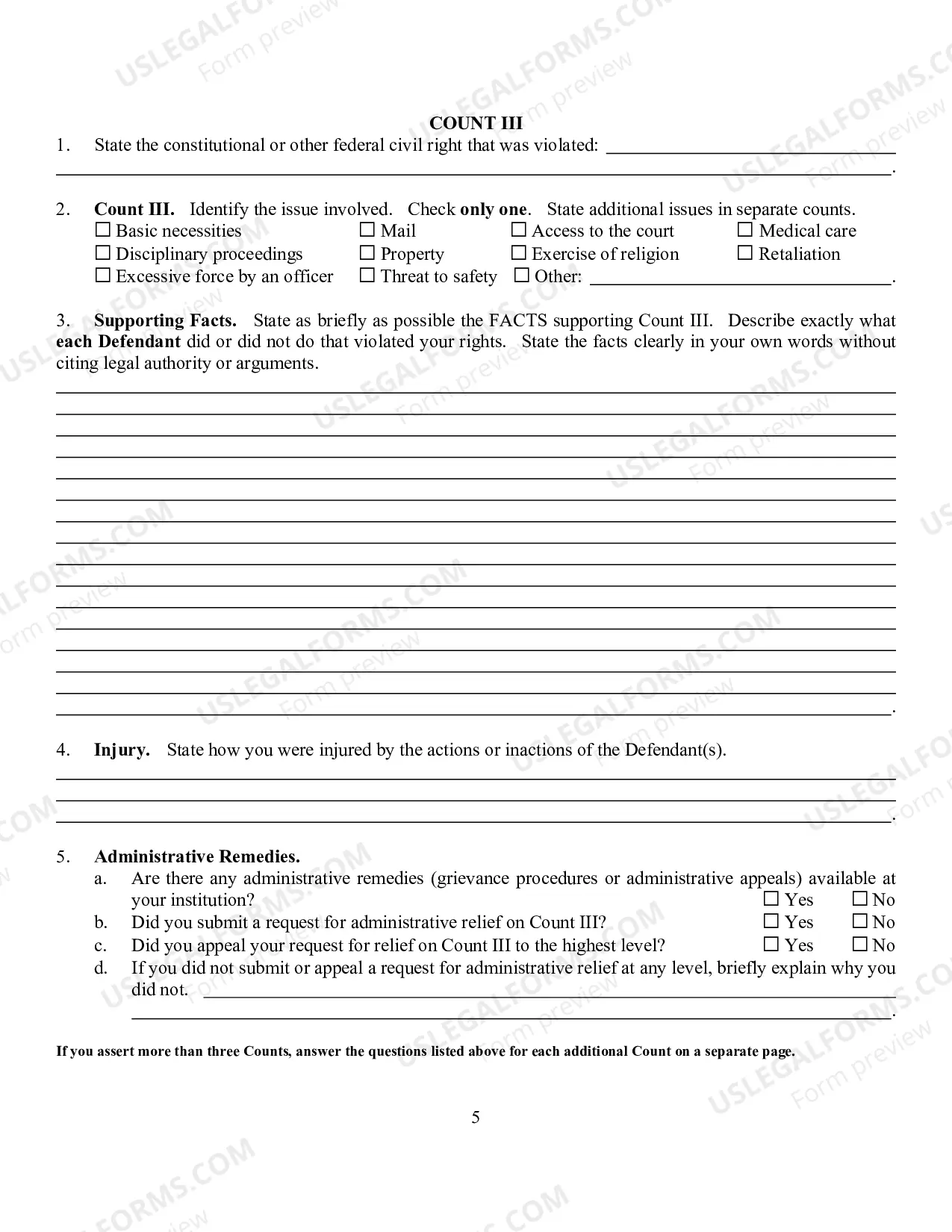 Preview Civil Right Complaint By A Prisoner w-Instructions