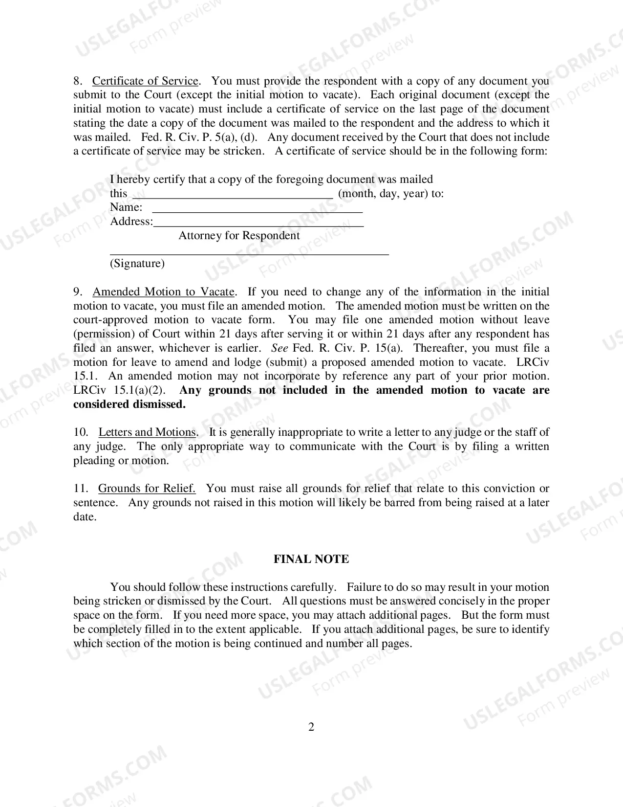 Preview Prisoner Form - Motion to Vacate, Set Aside, or Correct Sentence by a Person in Federal Custody Pursuant to 28 U.S.C. 2255