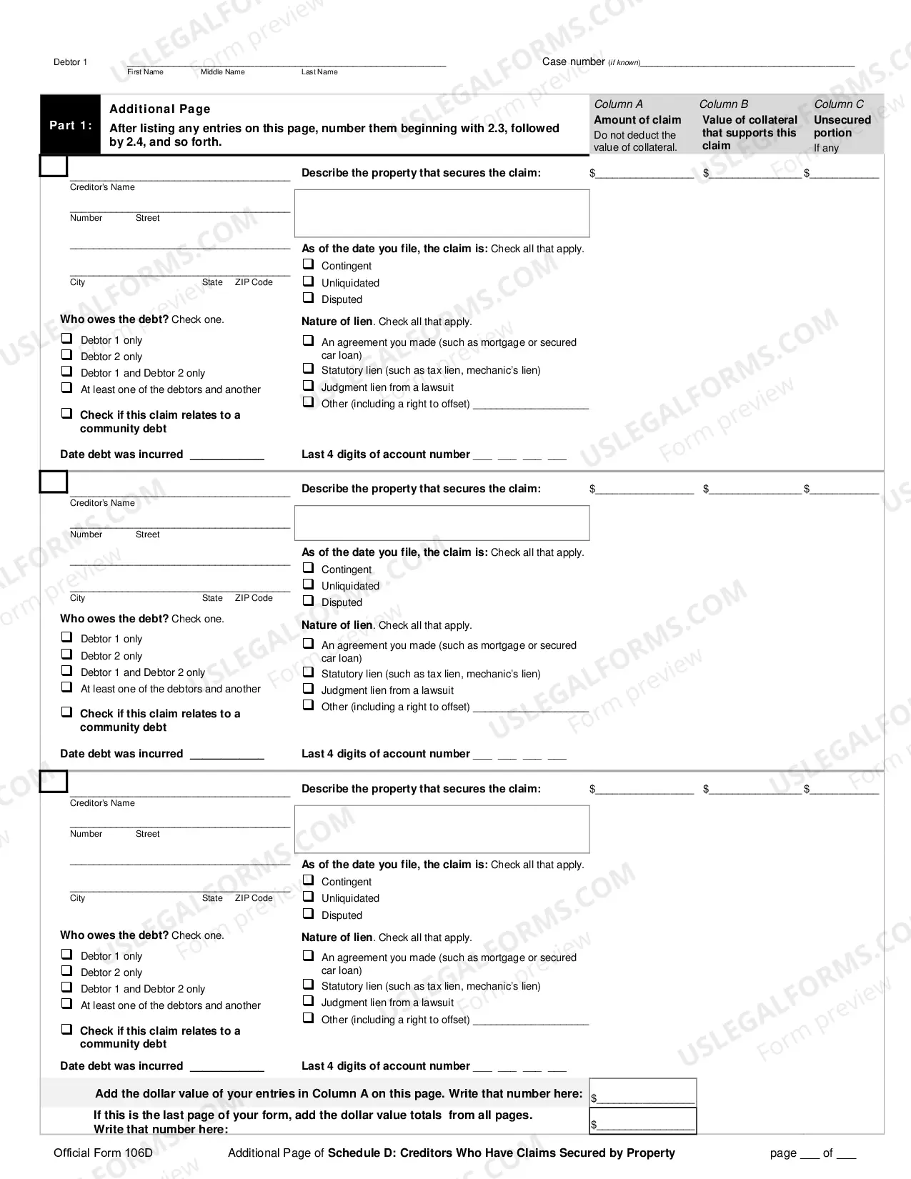 Preview Schedule D: Creditors Who Hold Claims Secured By Property (individuals)