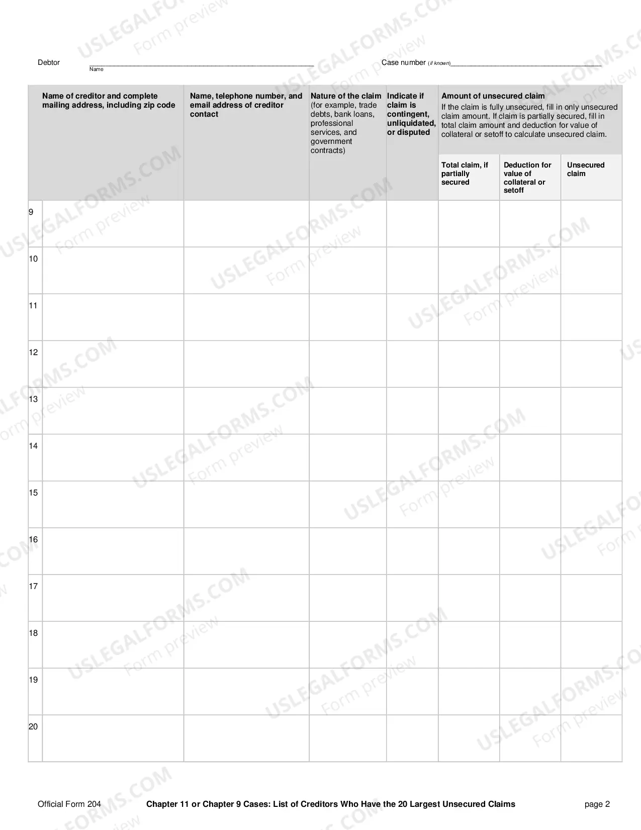 Preview For Chapter 11 Cases: The List of Creditors Who Have the 20 Largest Unsecured Claims Against You Who Are Not Insiders (non-individuals)
