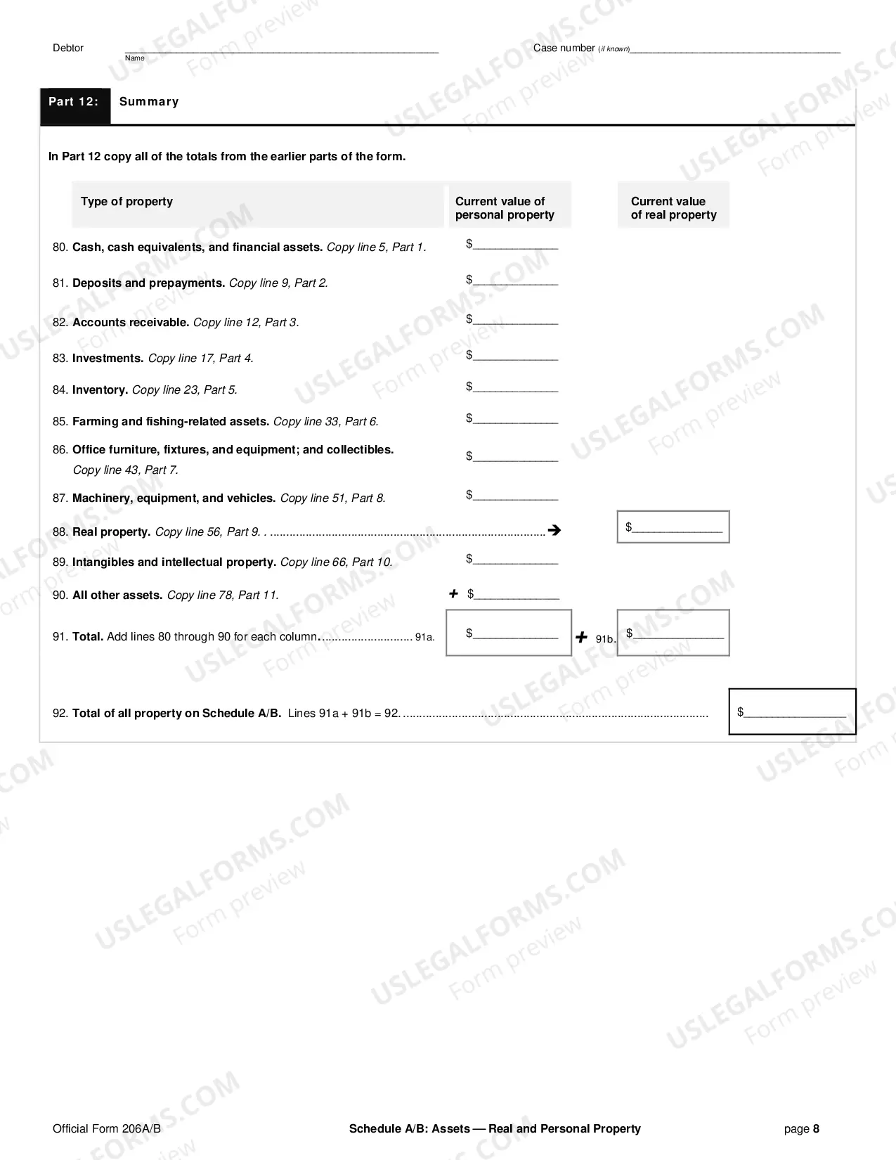 Preview Schedule A/B: Property (non-individuals)