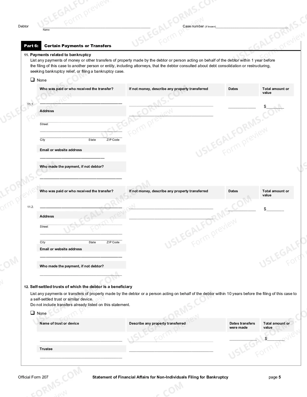 Preview Statement of Your Financial Affairs (non-individuals)