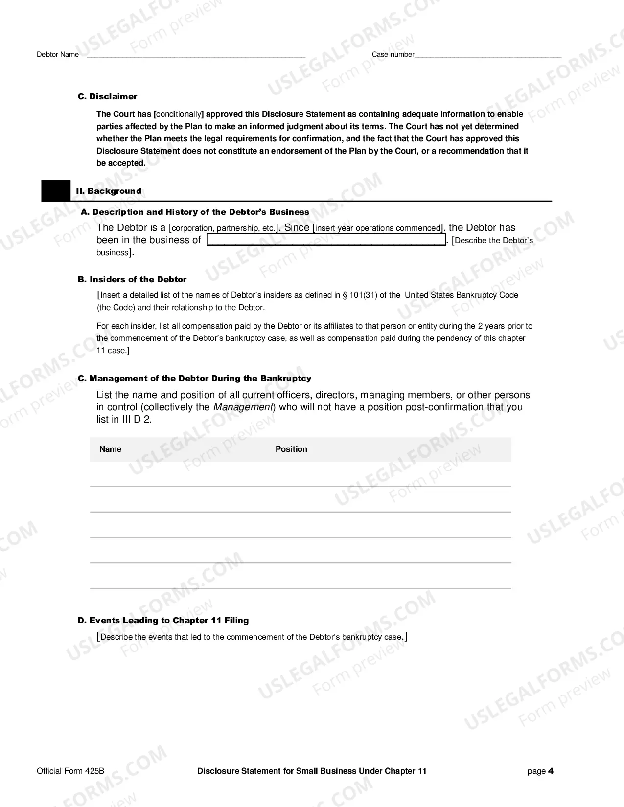 Preview Disclosure Statement for Small Business Under Chapter 11