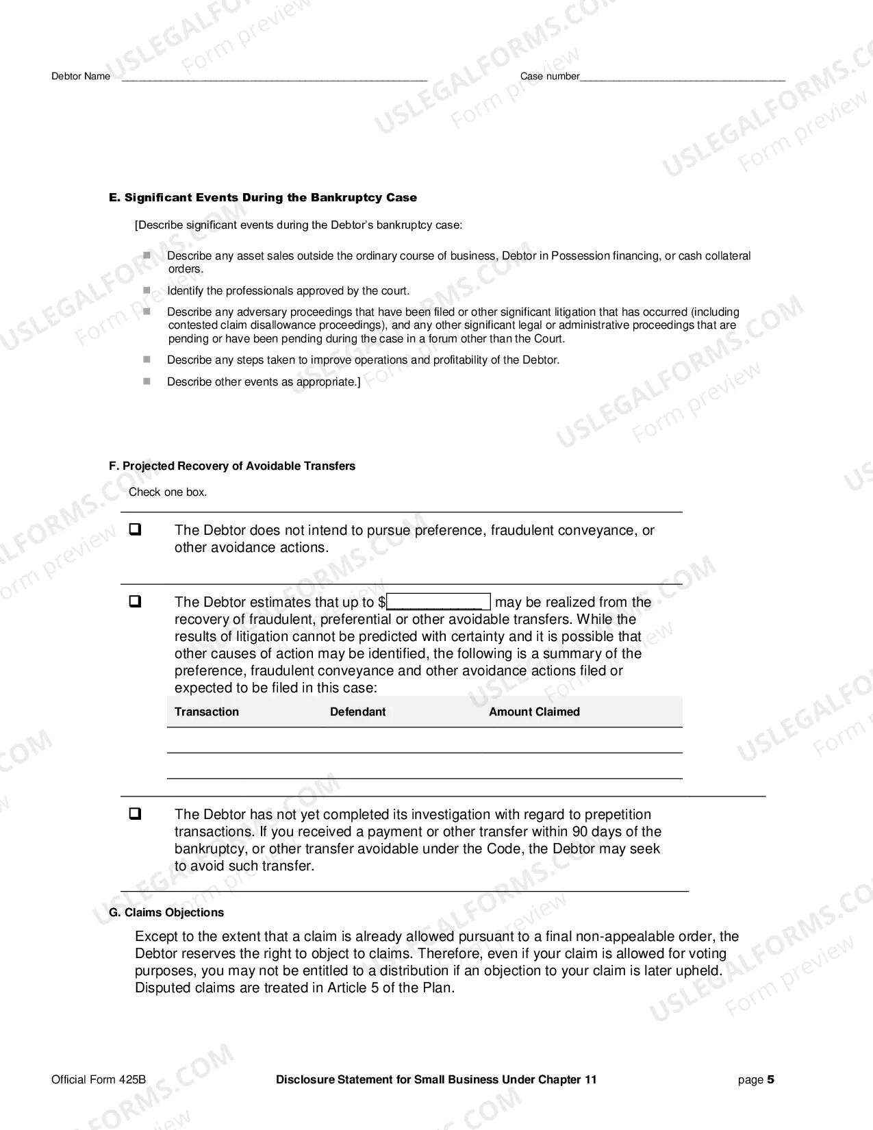Preview Disclosure Statement for Small Business Under Chapter 11