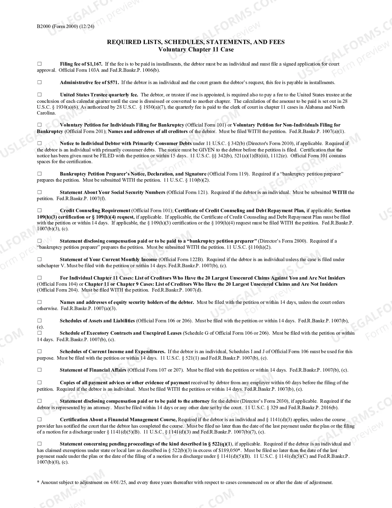 Preview Required Lists, Schedules, Statements, and Fees