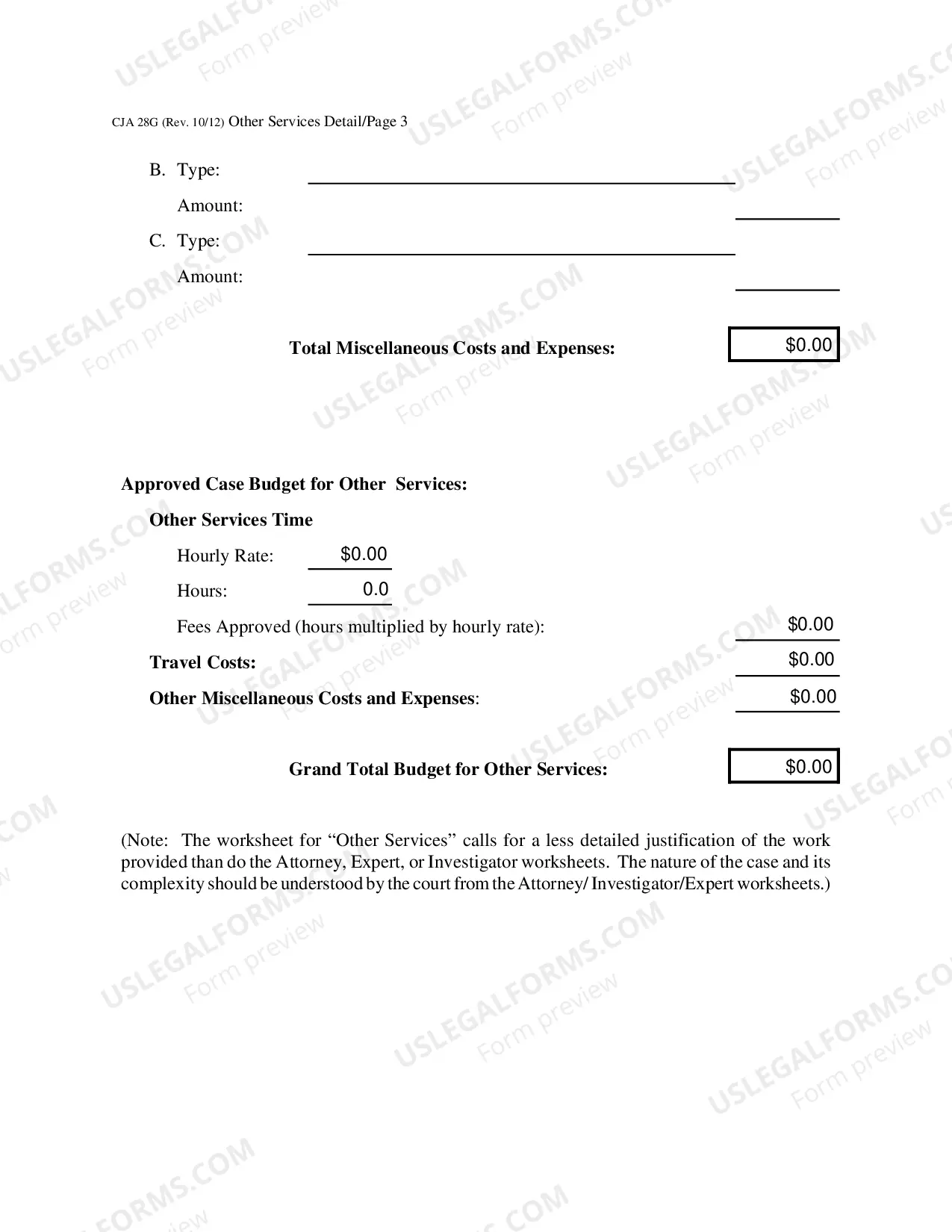 Preview Other Services Detailed Budget Worksheet for Non-capital Representations with the Potential for Extraordinary Cost