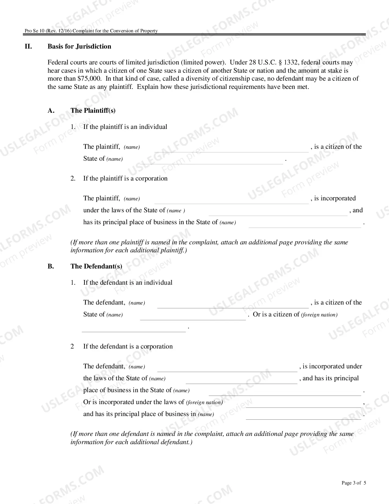 Preview Complaint for the Conversion of Property