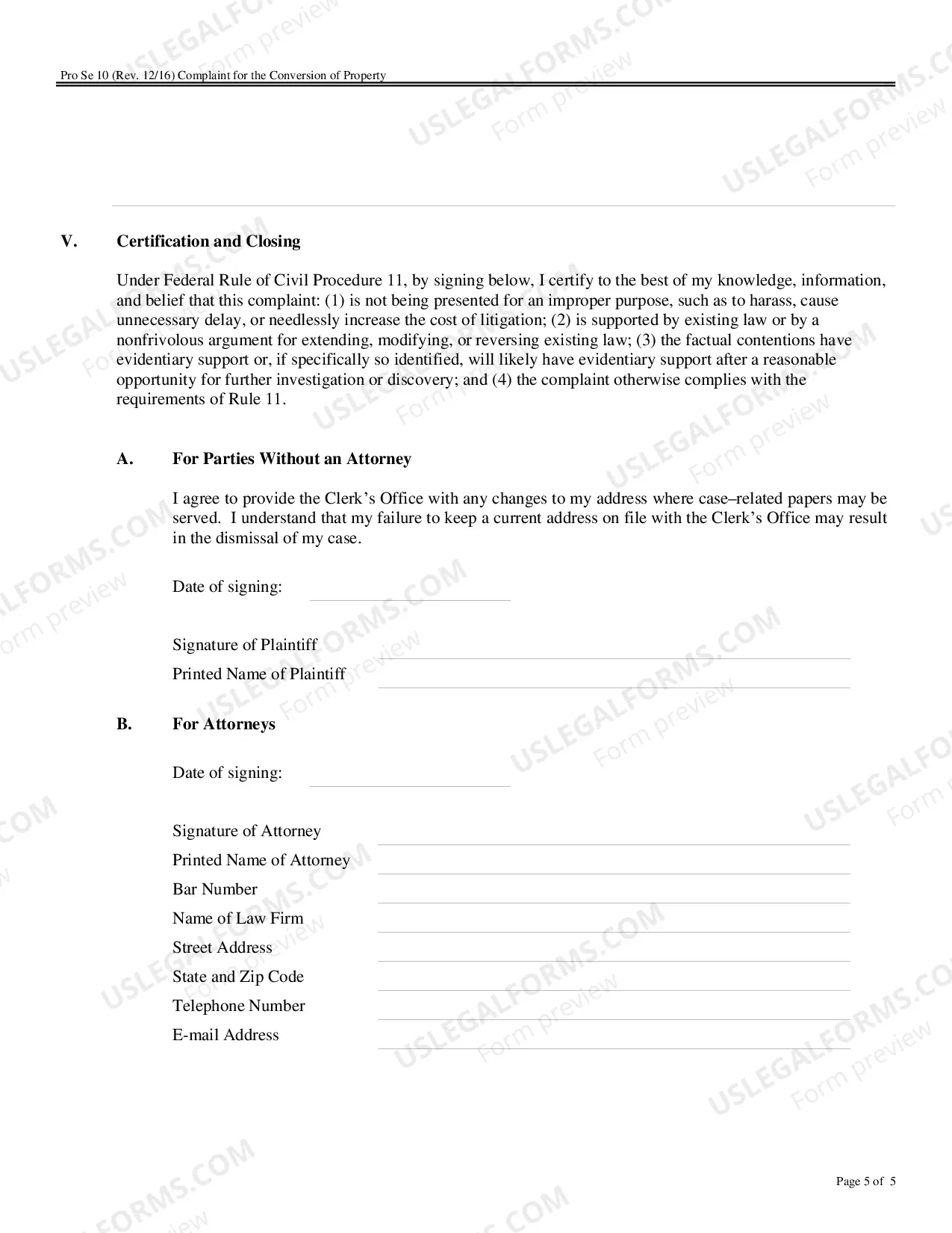 Preview Complaint for the Conversion of Property