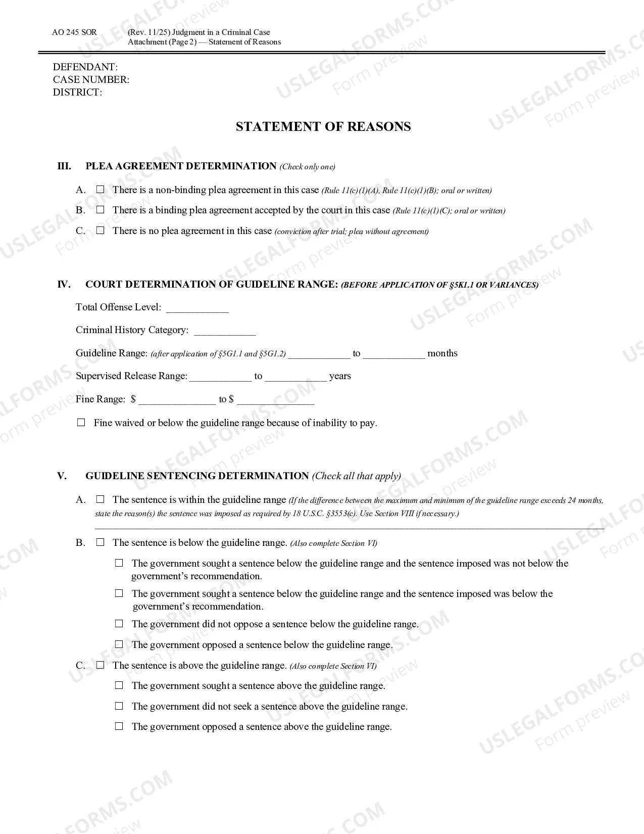 Preview Judgment in a Criminal Case (Statement of Reasons)