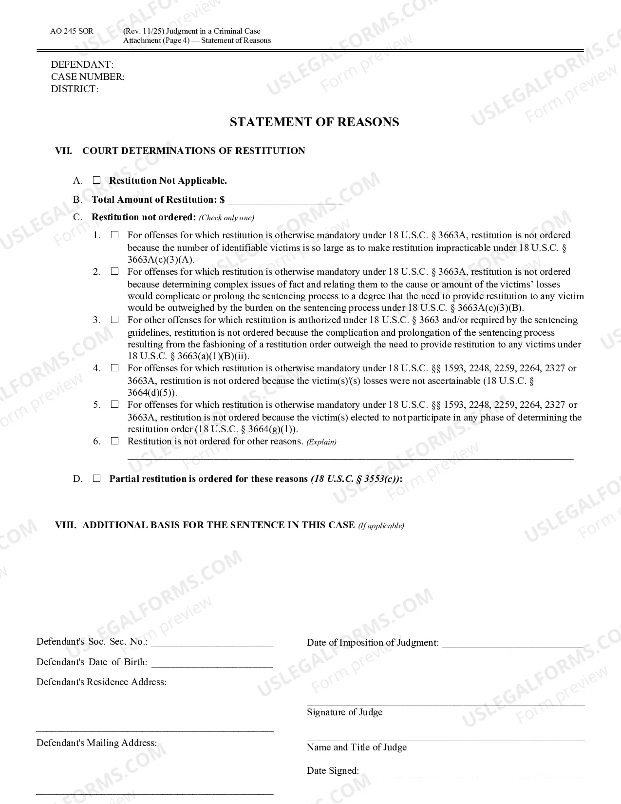 Preview Judgment in a Criminal Case (Statement of Reasons)