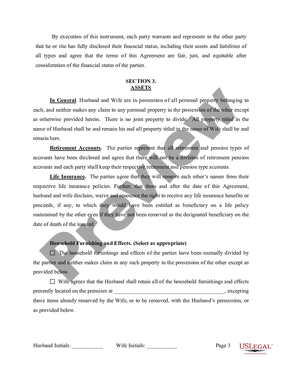 page 3 Marital Legal Separation and Property Settlement Agreement where No Children or No Joint Property or Debts and Divorce Action Filed preview
