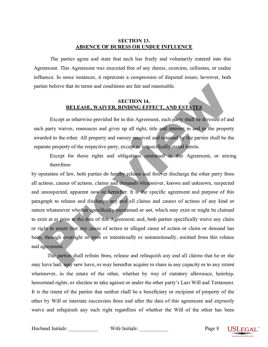 page 8 Marital Legal Separation and Property Settlement Agreement where No Children or No Joint Property or Debts and Divorce Action Filed preview