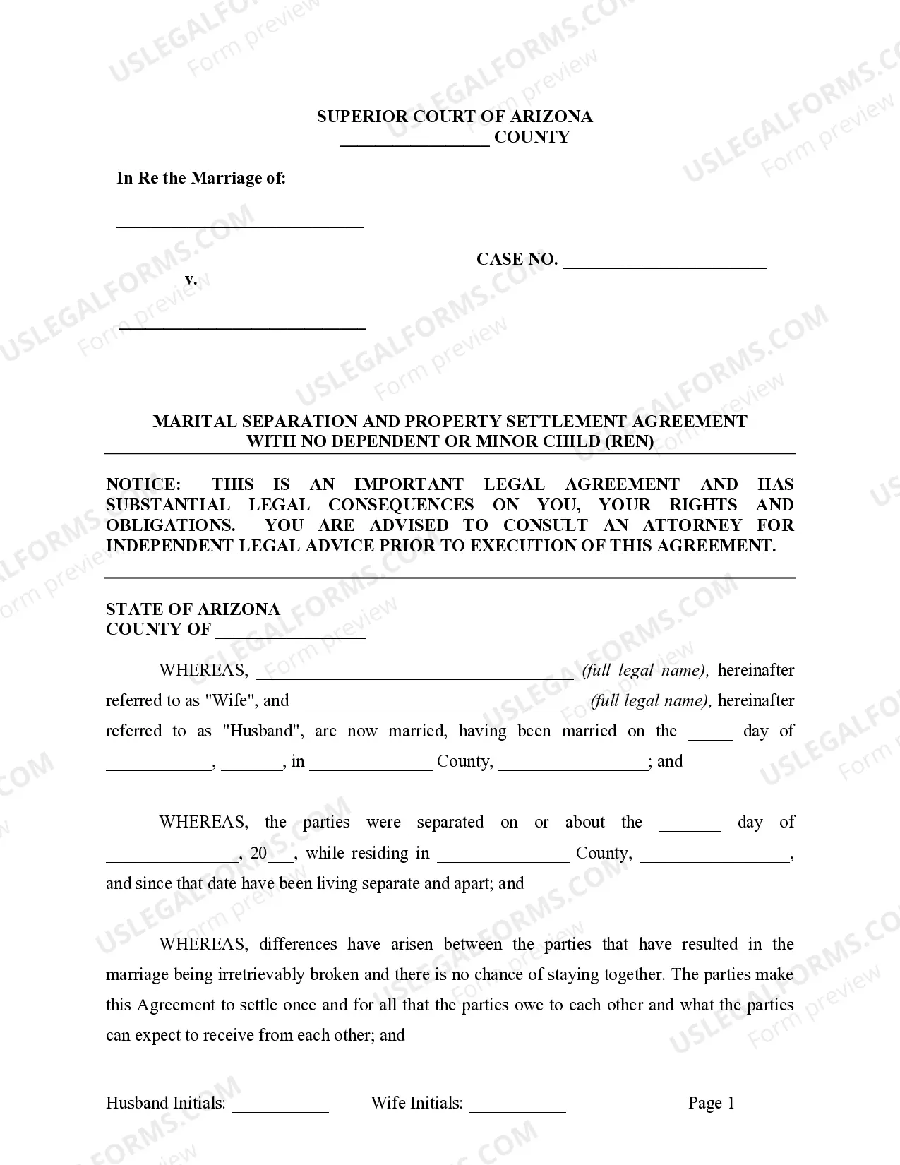 Preview Marital Legal Separation and Property Settlement Agreement where No Children or No Joint Property or Debts and Divorce Action Filed