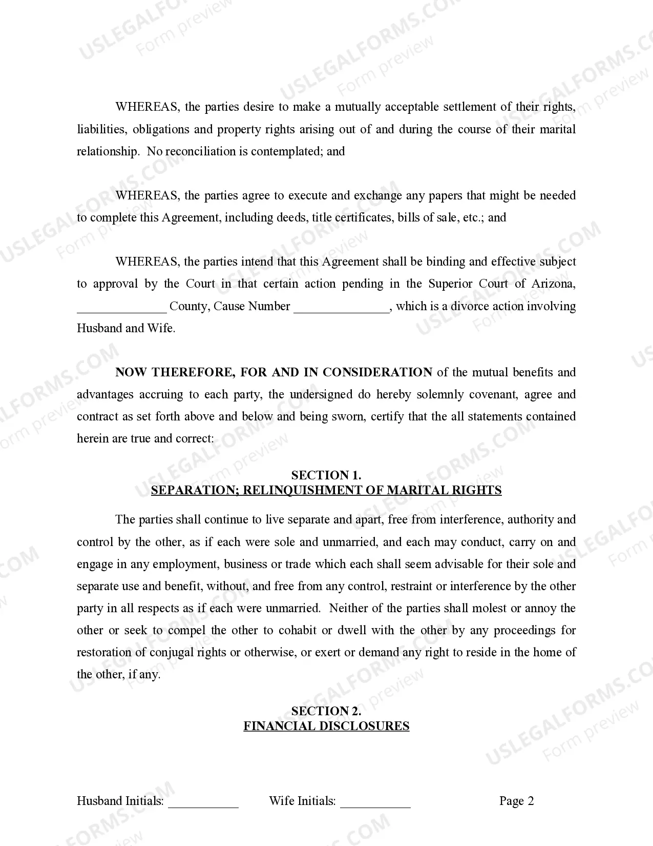 Preview Marital Legal Separation and Property Settlement Agreement where No Children or No Joint Property or Debts and Divorce Action Filed