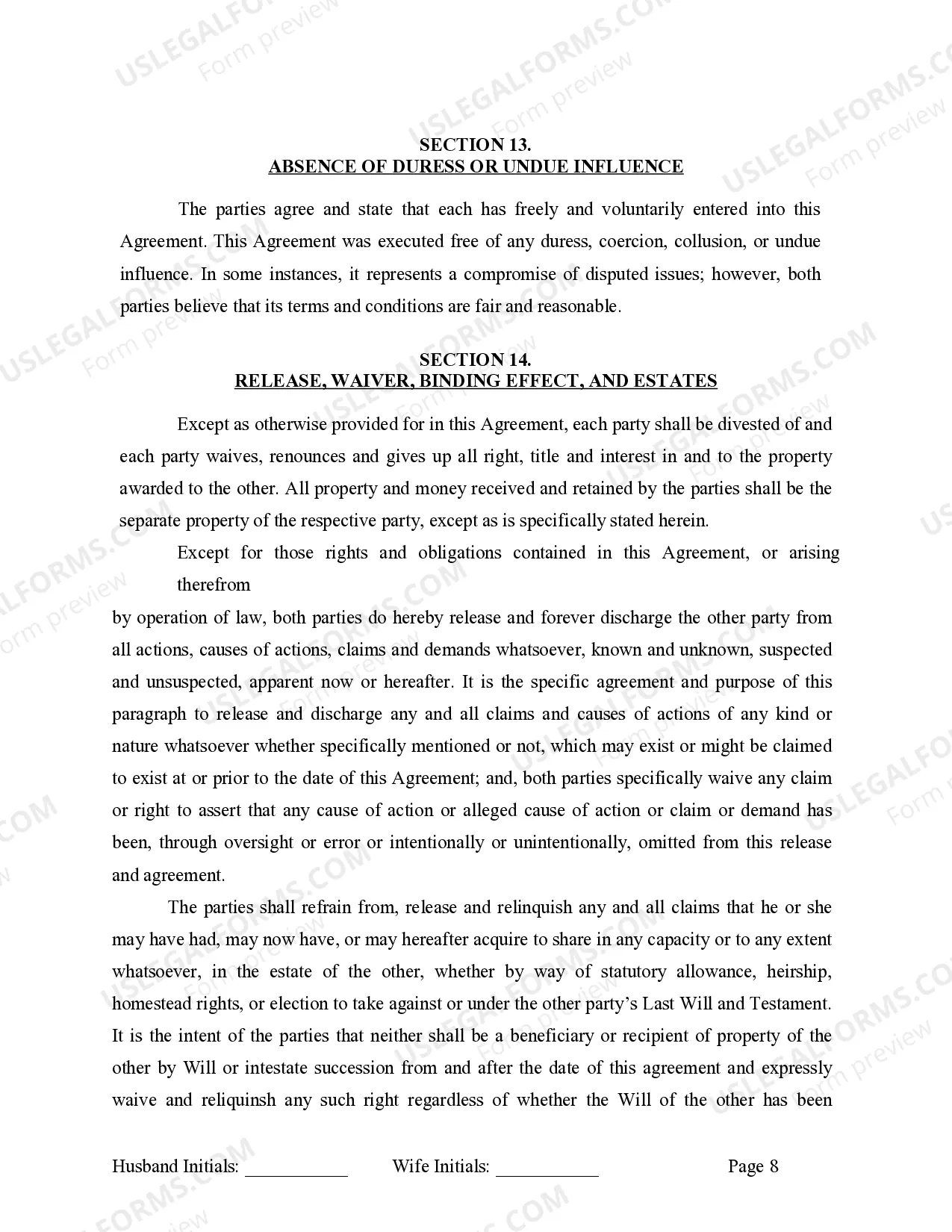 Preview Marital Legal Separation and Property Settlement Agreement where No Children or No Joint Property or Debts and Divorce Action Filed