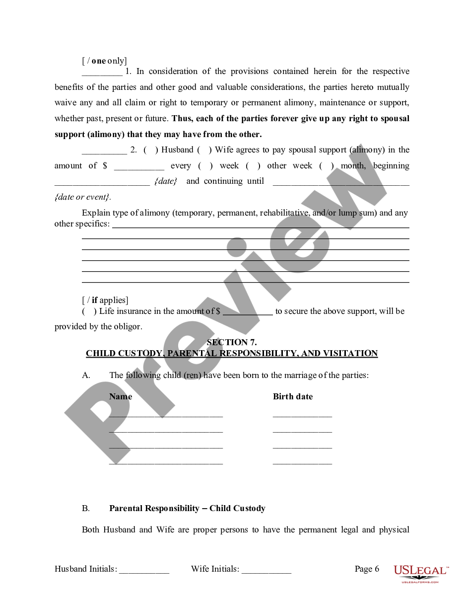 page 6 Marital Legal Separation and Property Settlement Agreement where Minor Children and No Joint Property or Debts and Divorce Action Filed preview
