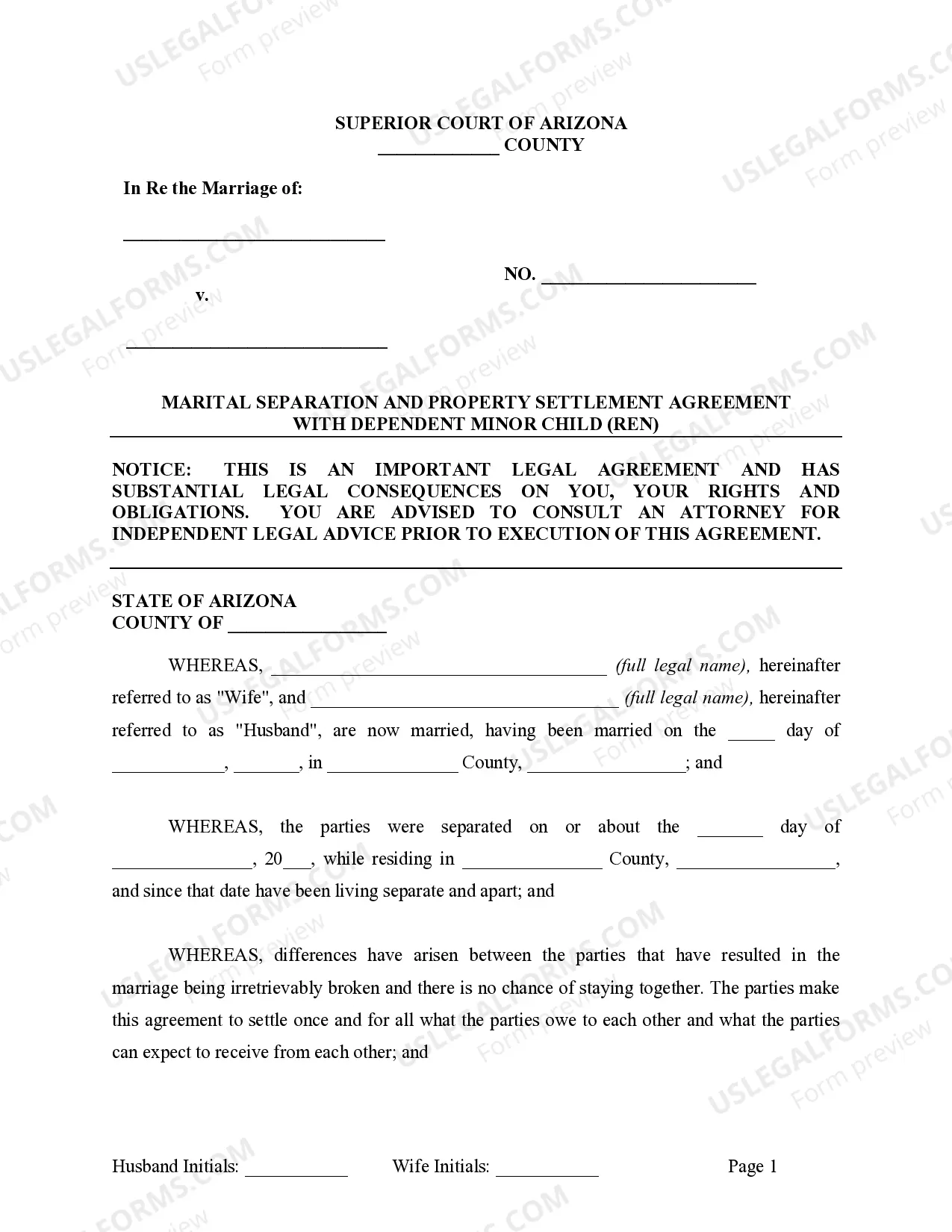 Preview Marital Legal Separation and Property Settlement Agreement where Minor Children and No Joint Property or Debts and Divorce Action Filed