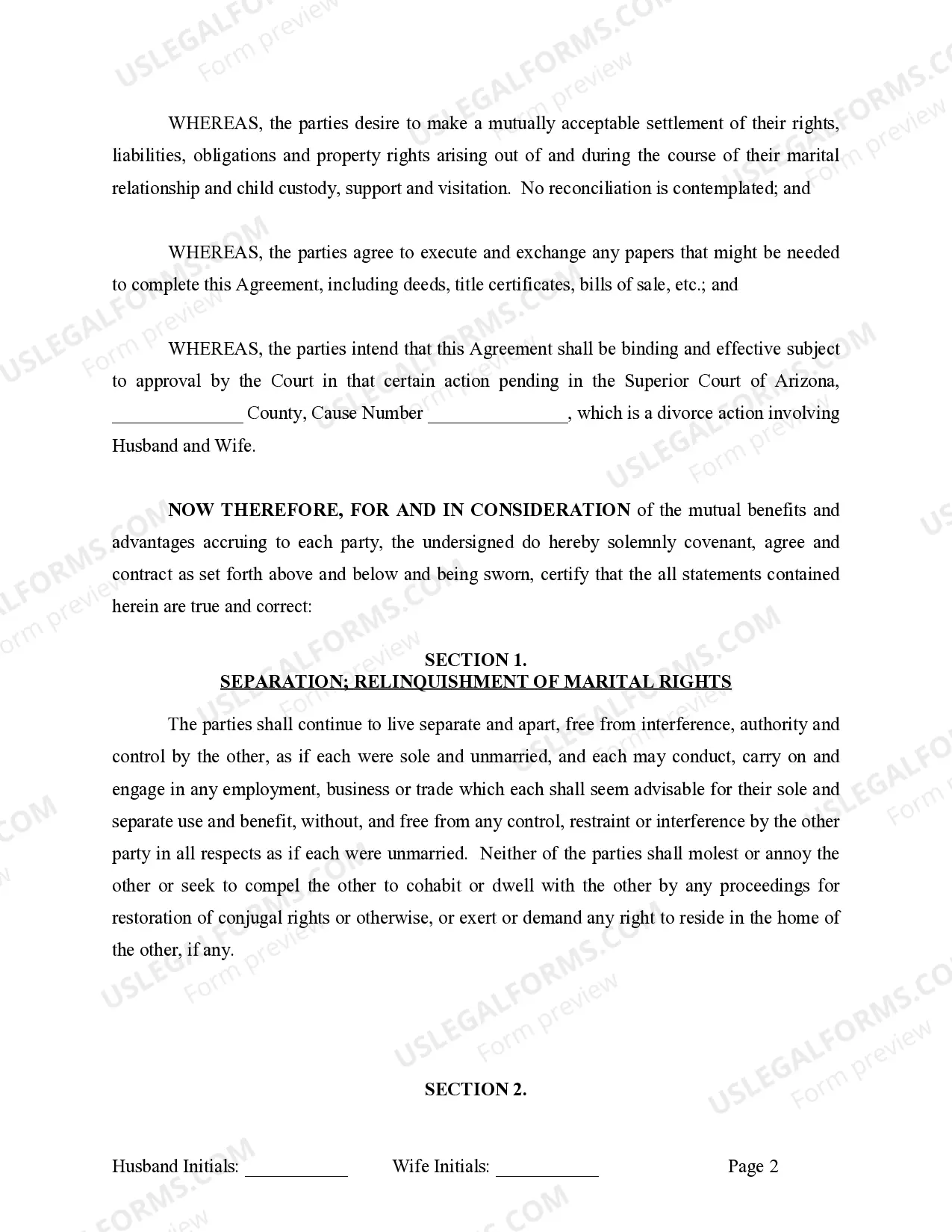 Preview Marital Legal Separation and Property Settlement Agreement where Minor Children and No Joint Property or Debts and Divorce Action Filed