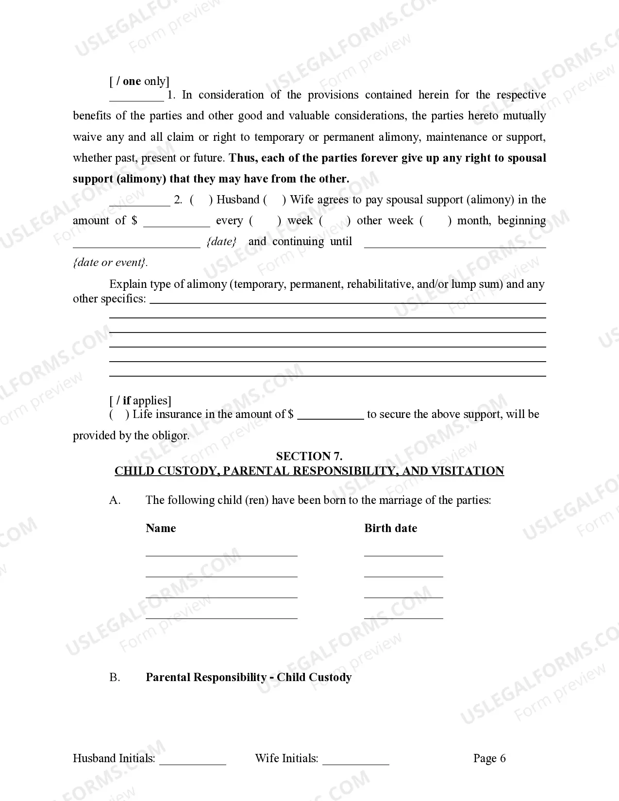 Preview Marital Legal Separation and Property Settlement Agreement where Minor Children and No Joint Property or Debts and Divorce Action Filed