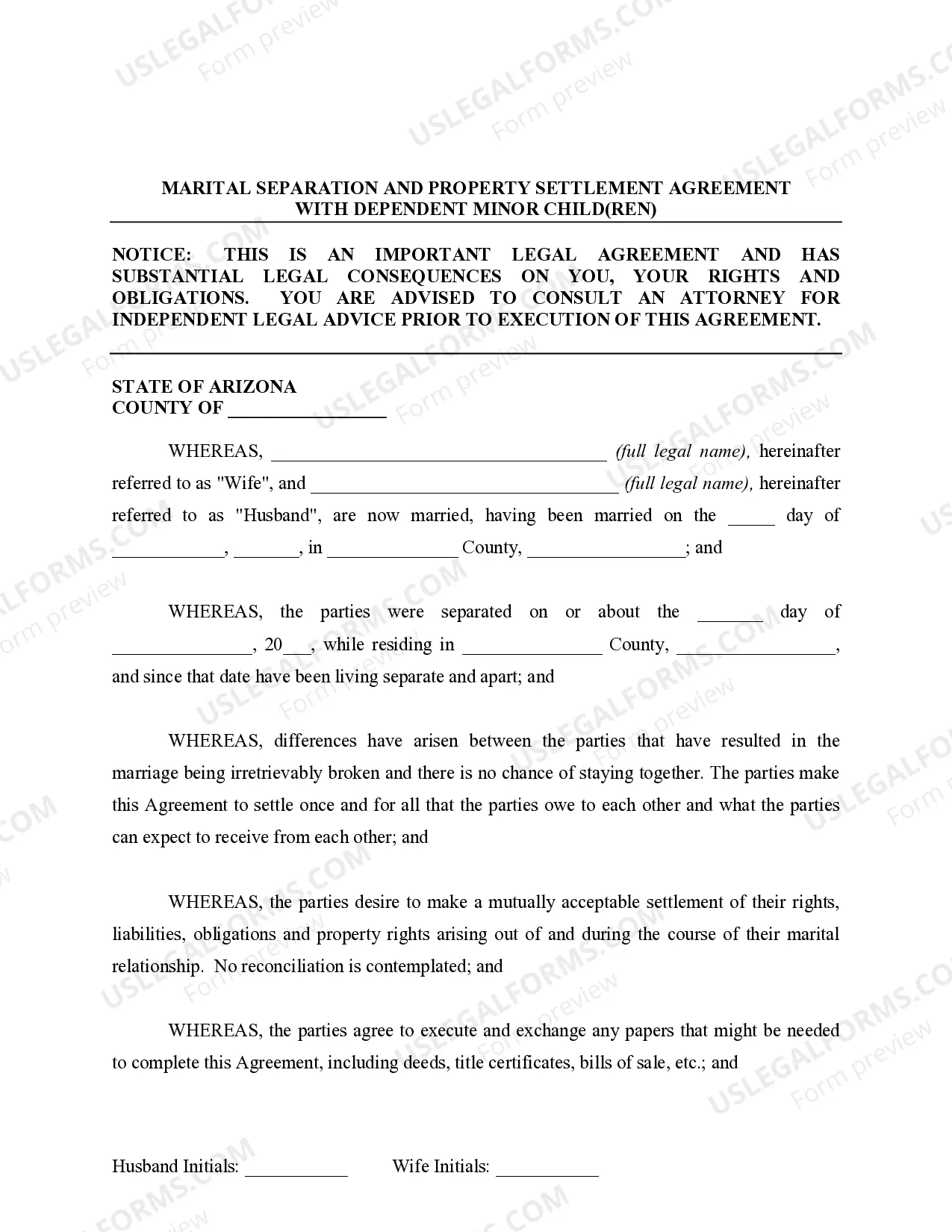 Preview Marital Legal Separation and Property Settlement Agreement Minor Children no Joint Property or Debts effective Immediately