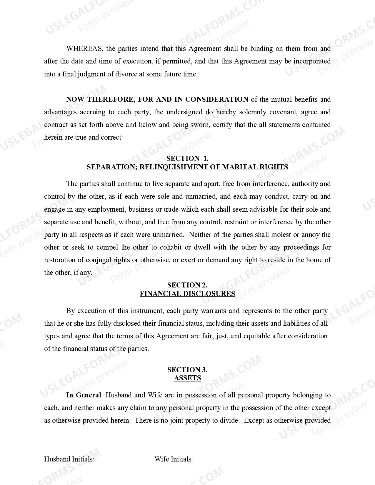 Preview Marital Legal Separation and Property Settlement Agreement Minor Children no Joint Property or Debts effective Immediately