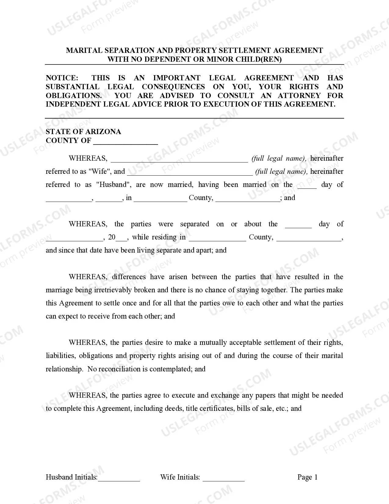 Preview Marital Legal Separation and Property Settlement Agreement for persons with no Children, No Joint Property or Debts Effective Immediately