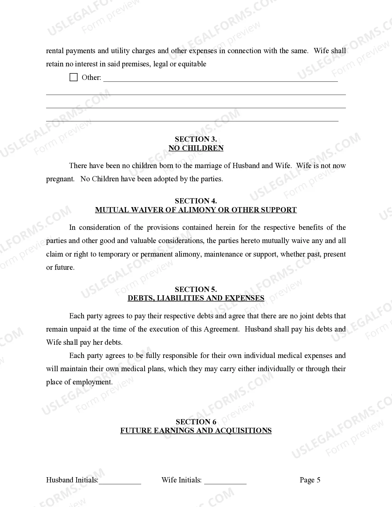 Preview Marital Legal Separation and Property Settlement Agreement for persons with no Children, No Joint Property or Debts Effective Immediately