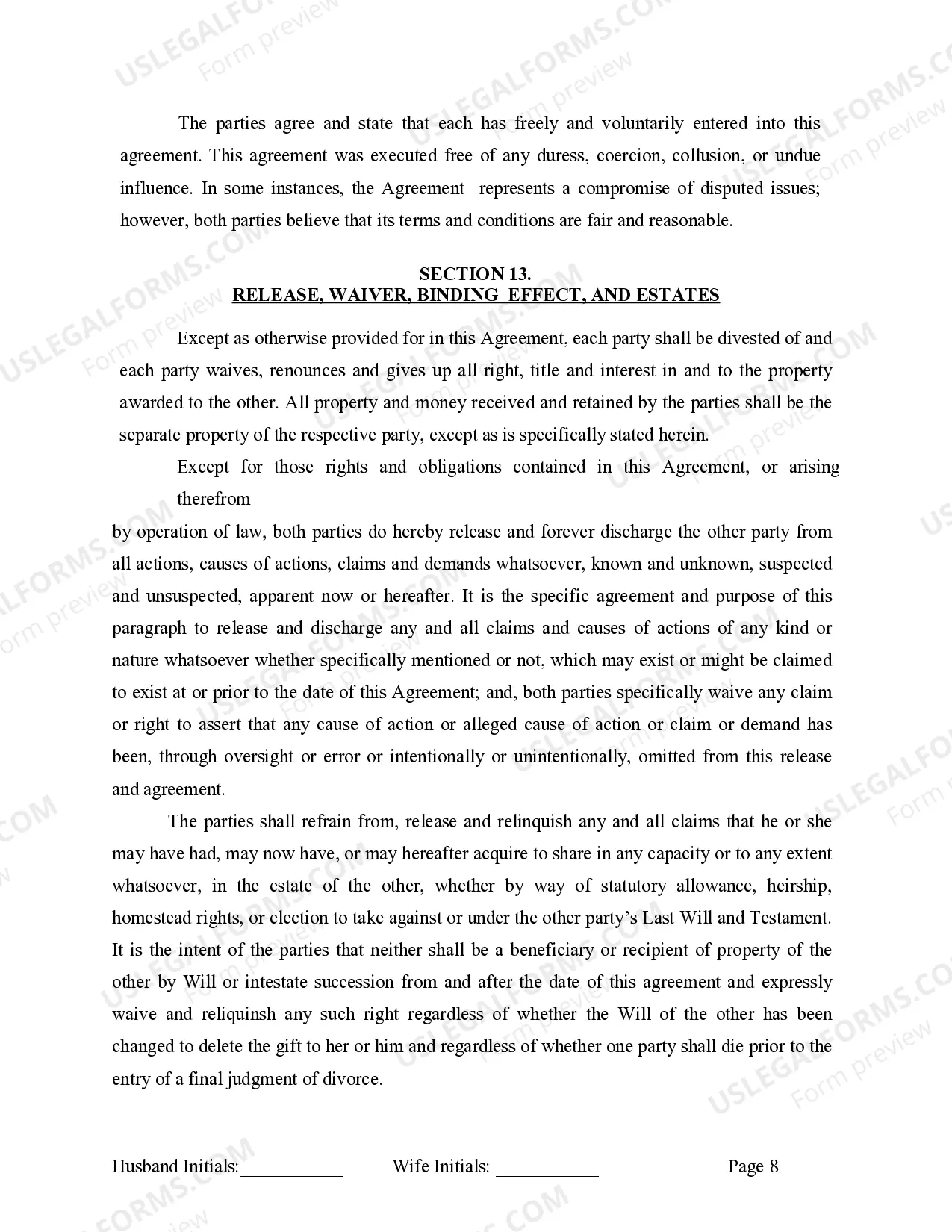 Preview Marital Legal Separation and Property Settlement Agreement for persons with no Children, No Joint Property or Debts Effective Immediately