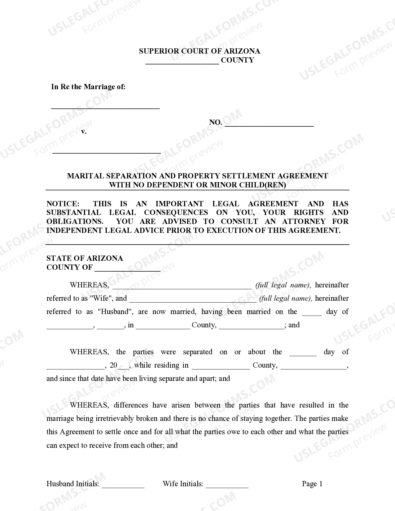 Preview Marital Legal Separation and Property Settlement Agreement where No Children and parties may have Joint Property and / or Debts and Divorce Action Filed