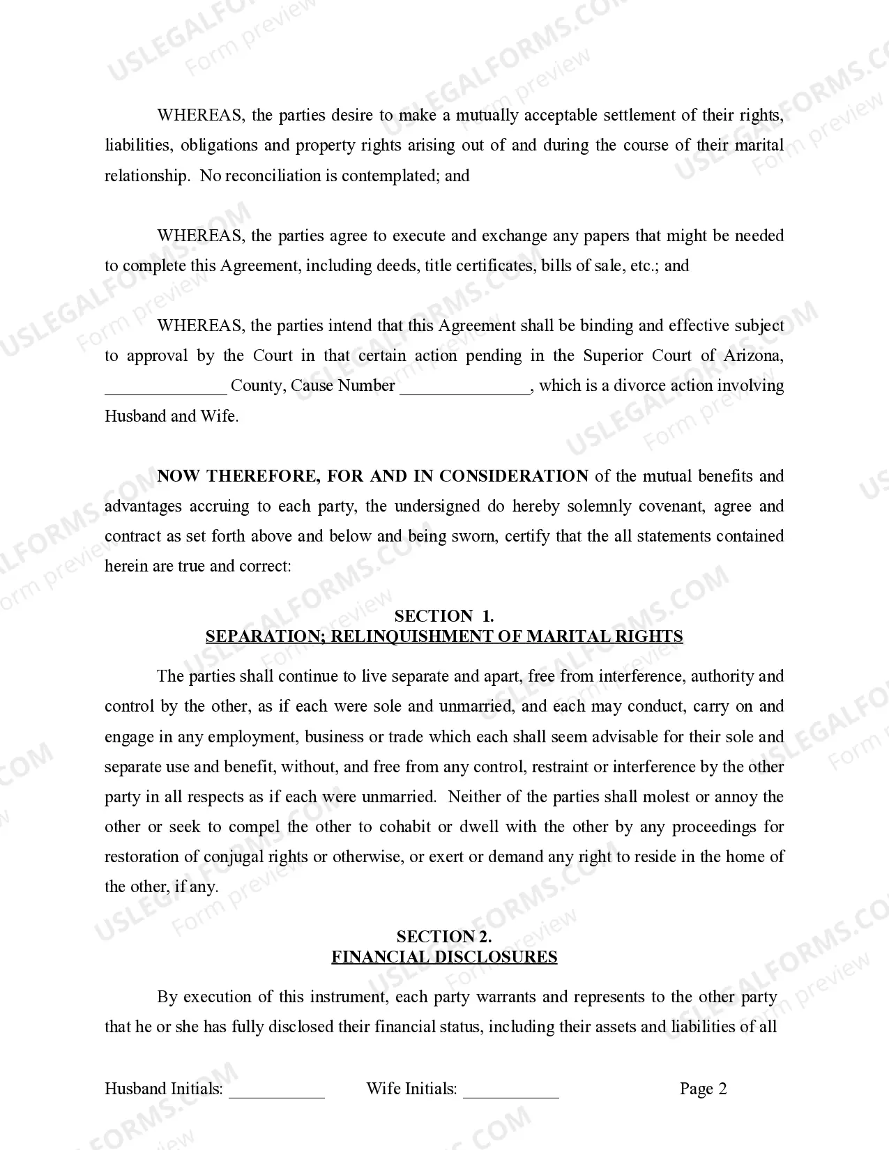 Preview Marital Legal Separation and Property Settlement Agreement where No Children and parties may have Joint Property and / or Debts and Divorce Action Filed