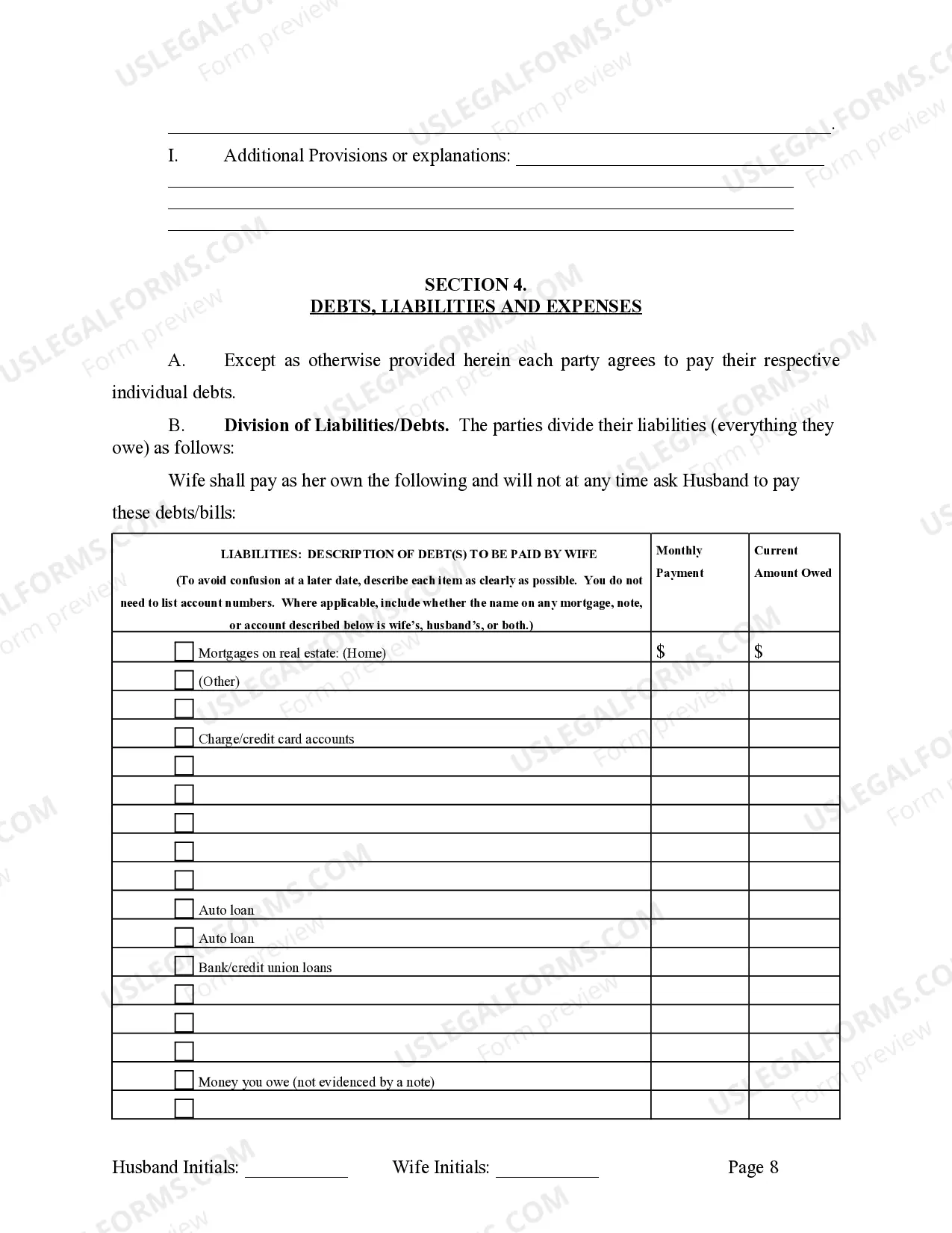 Preview Marital Legal Separation and Property Settlement Agreement where No Children and parties may have Joint Property and / or Debts and Divorce Action Filed