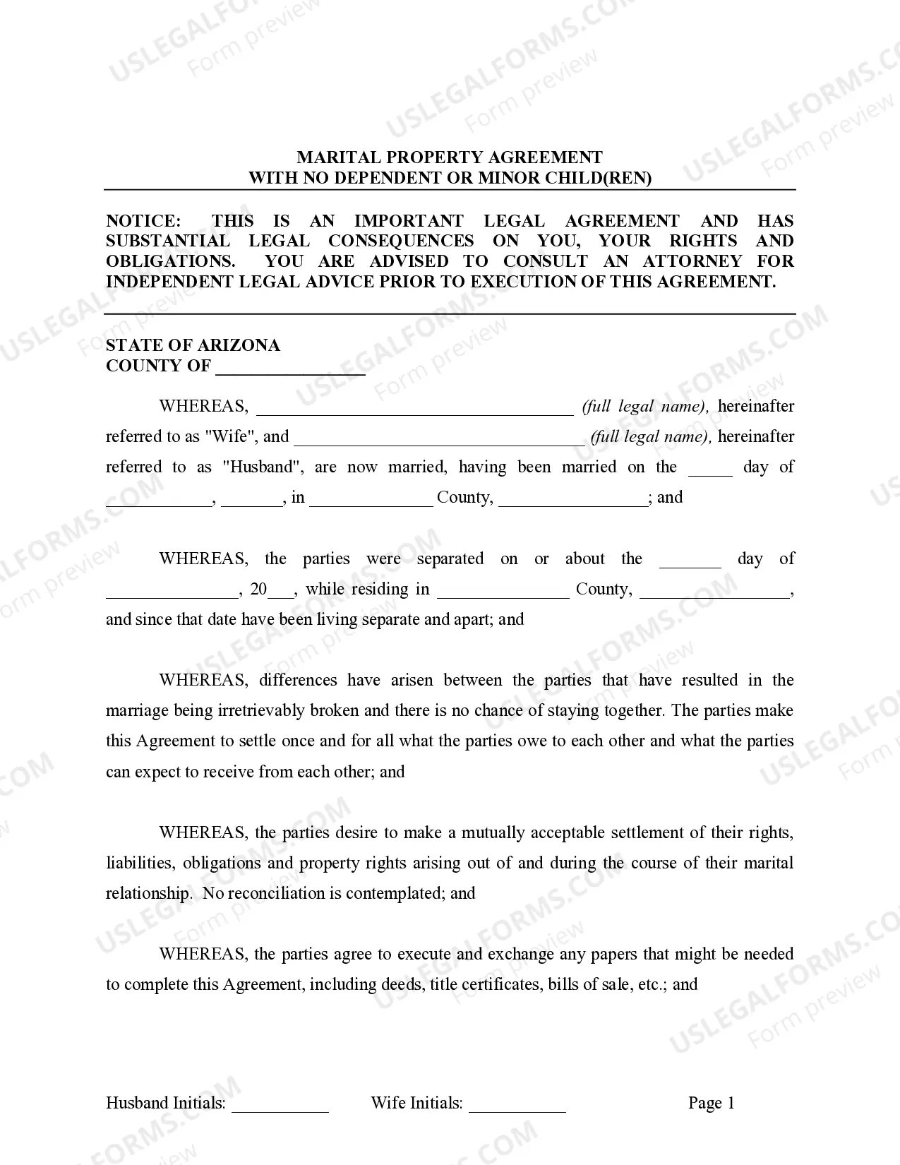 Preview Marital Legal Separation and Property Settlement Agreement no children parties may have Joint Property or Debts effective Immediately