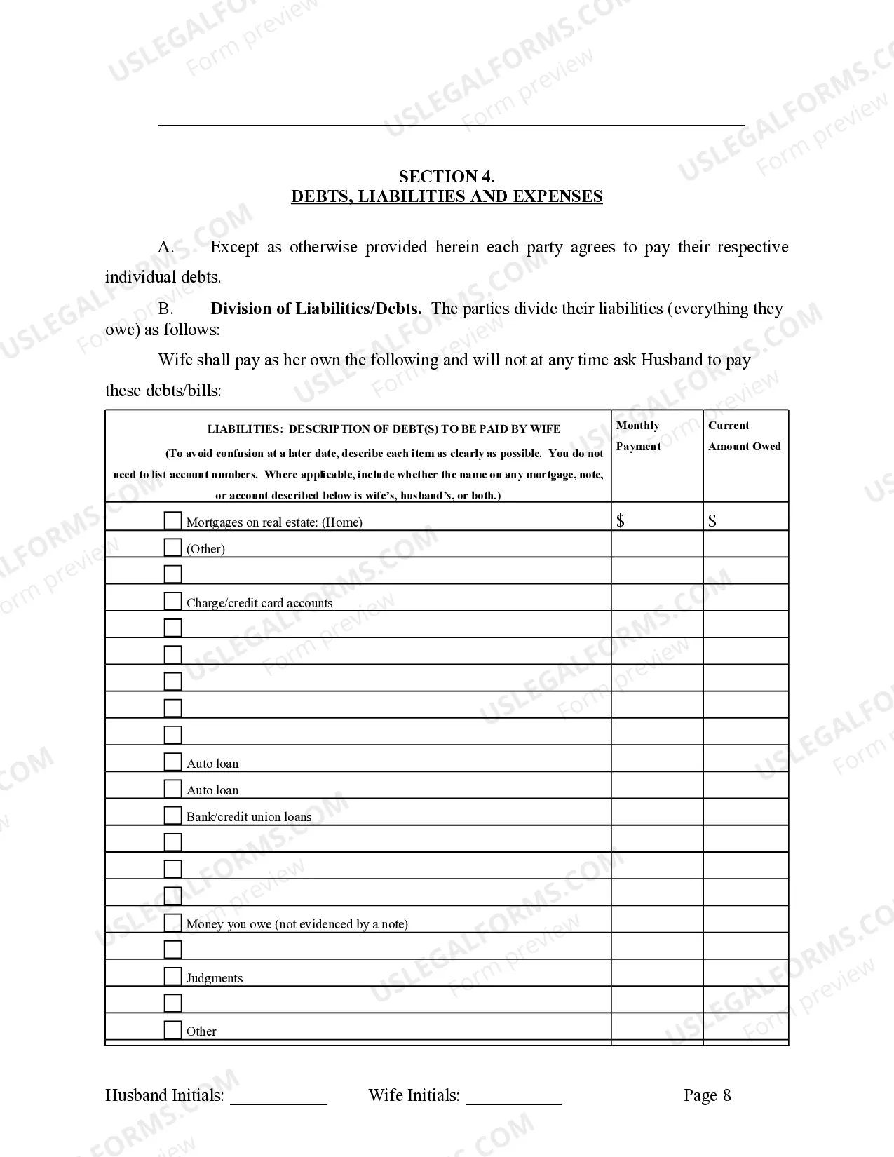 Preview Marital Legal Separation and Property Settlement Agreement no children parties may have Joint Property or Debts effective Immediately