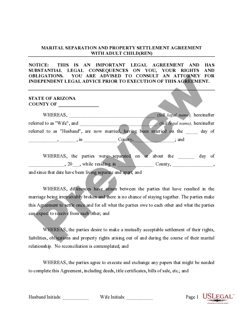 Preview Legal Separation and Property Settlement Agreement with Adult Children - Marital - Parties May have Joint Property or Debts - Divorce Action Filed