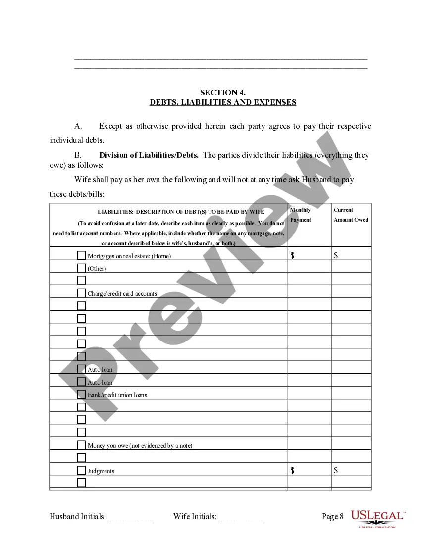 Preview Legal Separation and Property Settlement Agreement with Adult Children - Marital - Parties May have Joint Property or Debts - Divorce Action Filed