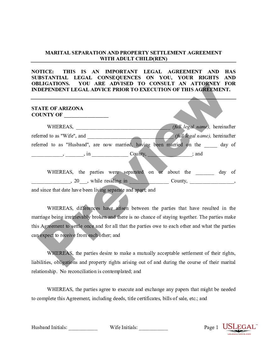 Arizona Legal Separation And Property Settlement Agreement With Adult ...