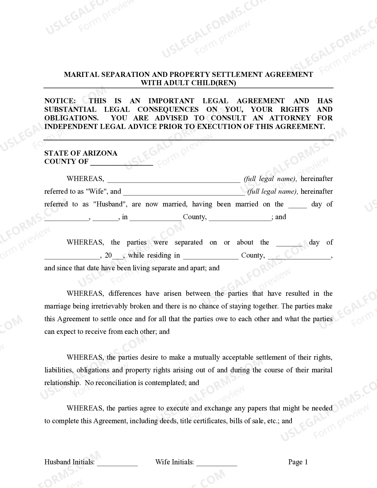 Preview Legal Separation and Property Settlement Agreement with Adult Children - Marital - Parties May have Joint Property or Debts - Effective Immediately
