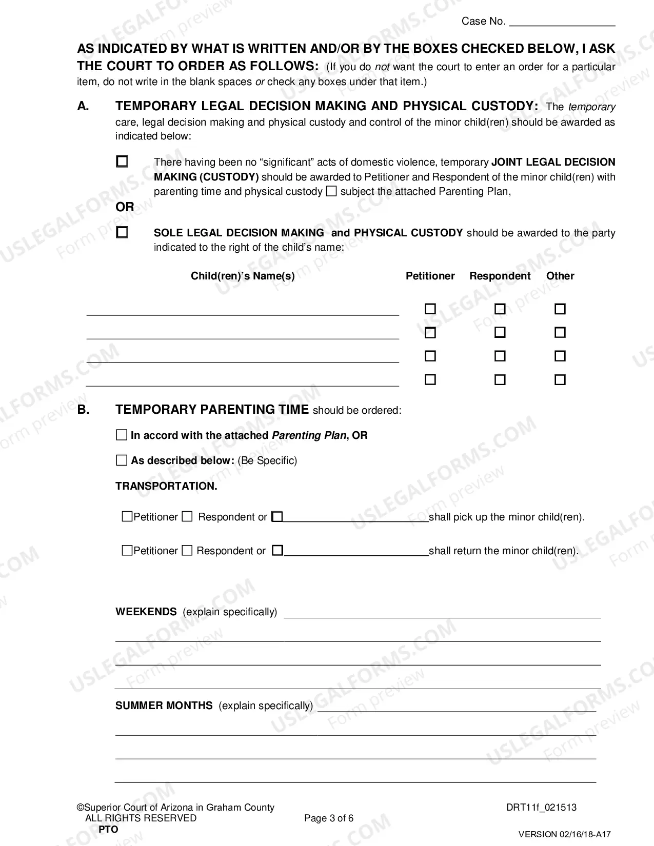 Preview Pre Decree Temporary Orders for Custody, Parenting Time, Child Support after Notice to the Other Party