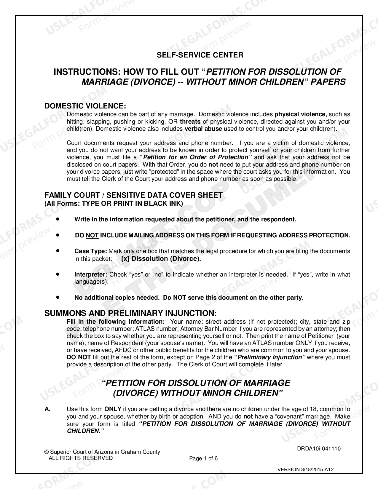 Preview Divorce in a Non Covenant Marriage without Minor Children - Petitioner Only