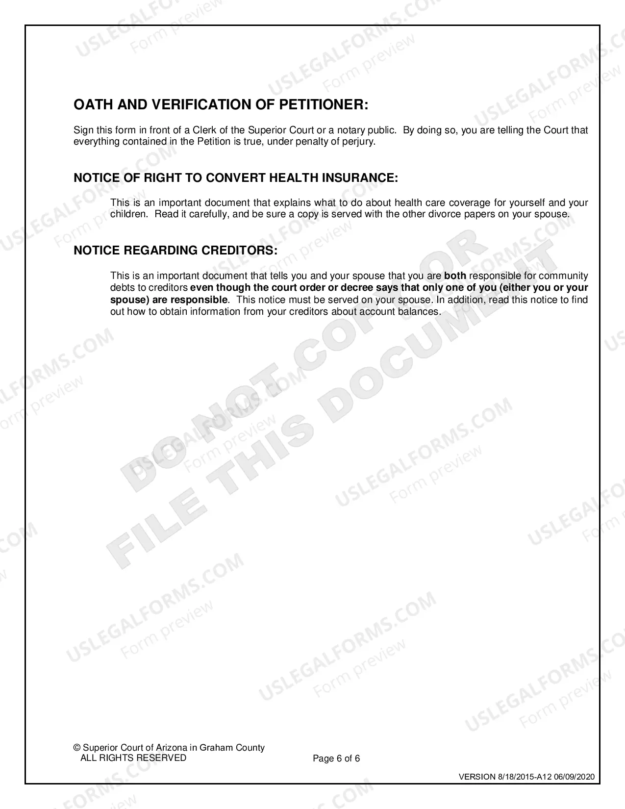 Preview Divorce in a Non Covenant Marriage without Minor Children - Petitioner Only