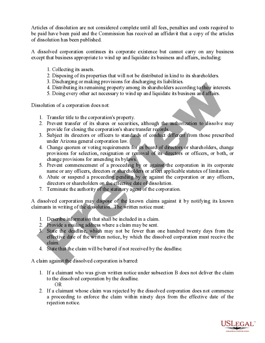 Get Arizona Dissolution Package to Dissolve Corporation Preview Arizona Dissolution Package to Dissolve Corporation