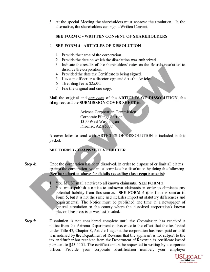 Get Arizona Dissolution Package to Dissolve Corporation Preview Arizona Dissolution Package to Dissolve Corporation